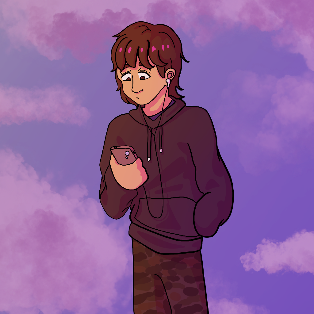 Drawing of a brown-haired person wearing a purple hoodie and camo pants, wearing headphones and looking at their phone.